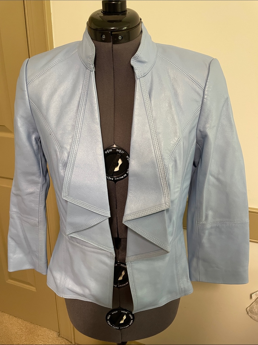 Light Blue Women's Leather Jacket - Contemporary Open Front
